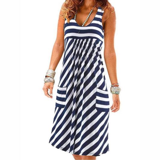 WUYI-Fashion striped dress  summer dress  loose simple sleeveless dress women's clothing