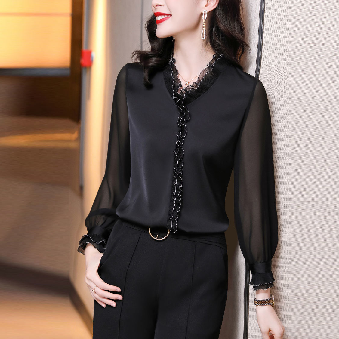 WUYI-Lace Ruffles Chiffon Shirts Women's Clothing 2022 Autumn Winter New Office Lady Long Sleeve Pullovers Vintage Elegant Blouse