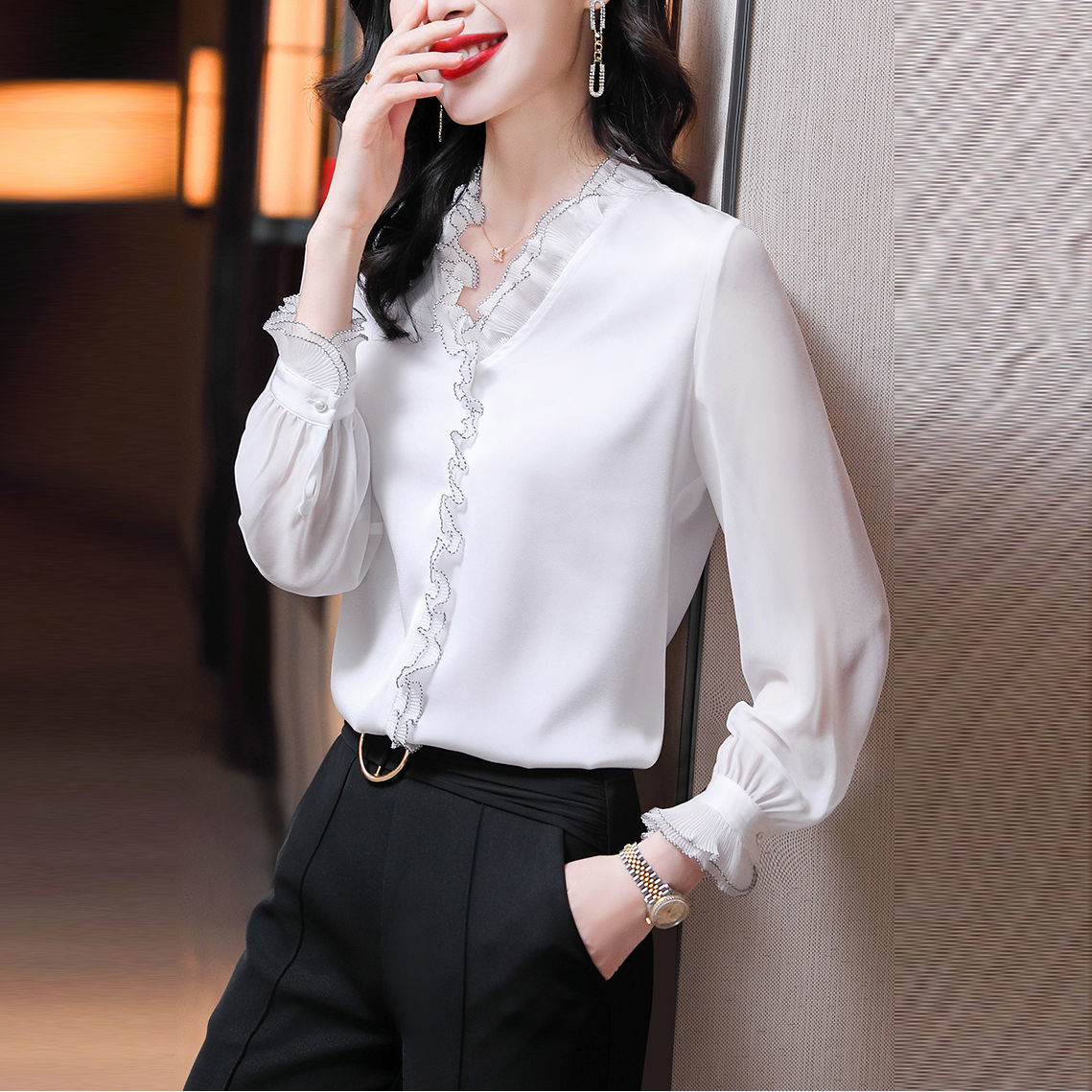 WUYI-Lace Ruffles Chiffon Shirts Women's Clothing 2022 Autumn Winter New Office Lady Long Sleeve Pullovers Vintage Elegant Blouse