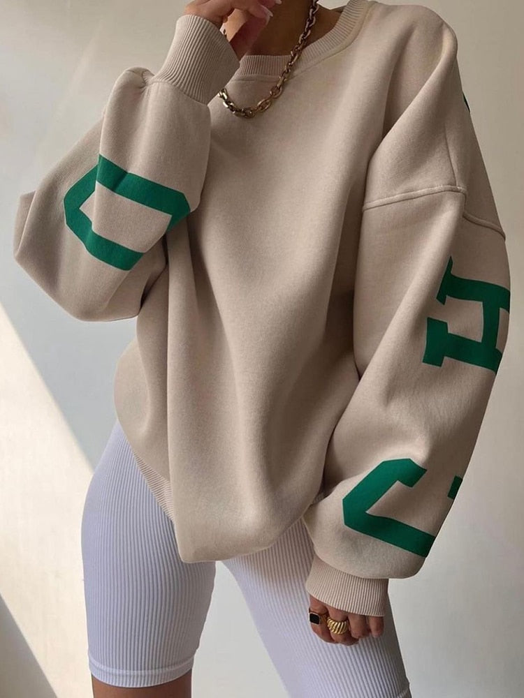 WUYI-Women's Clothing Sweatshirt Letter Printing No Hoodie Thickening Casual Long-sleeved All-match Autumn and Winter Pullover