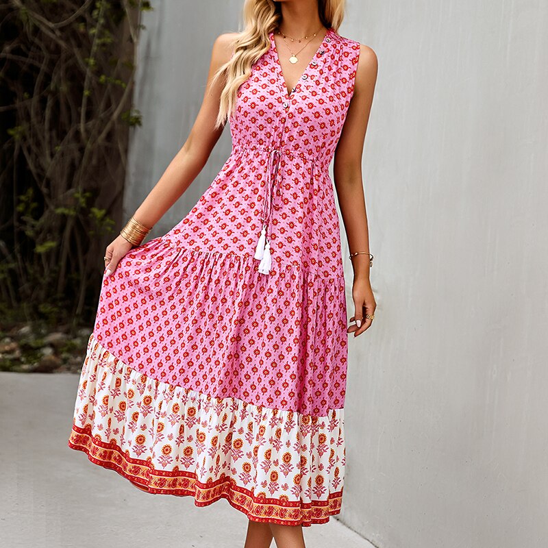 WUYI-Women's Summer Dress Floral Print Maxi Dress Boho Hippie Beach Maxi Dress Women