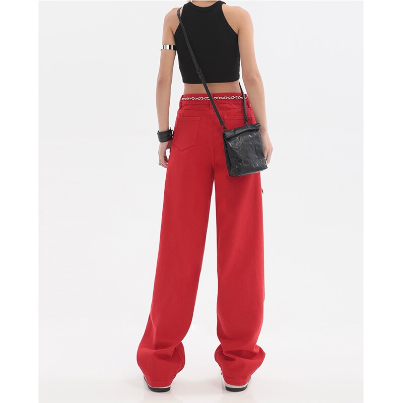 WUYI-Women's Clothing Red Jeans Vintage Casual Straight Self Cultivation Wide Leg Pants High Waist Baggy Denim Trouser Ladies Summer