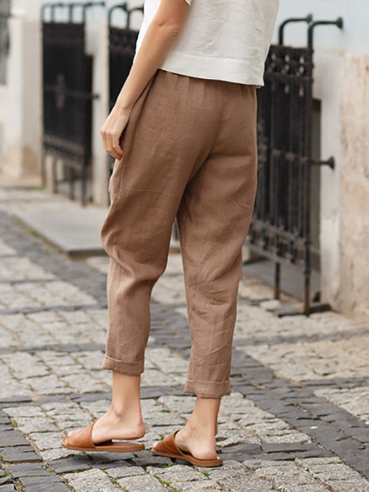 WUYI-Spring and Summer New Women's Clothing Women's Large Pockets Solid Color Comfortable Cotton Linen Casual Pants Straight Trousers