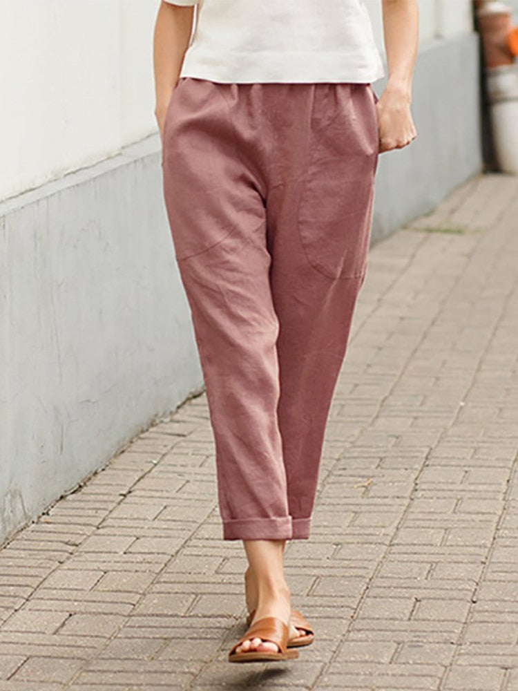 WUYI-Spring and Summer New Women's Clothing Women's Large Pockets Solid Color Comfortable Cotton Linen Casual Pants Straight Trousers