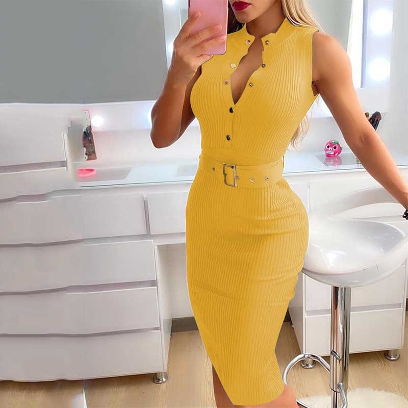 WUYI-2022 Fashion Women's Clothing Summer Elegant Round Neck Button Sleeveless Belt Casual Midi Dress Mid Waist Slim A-line Skirt