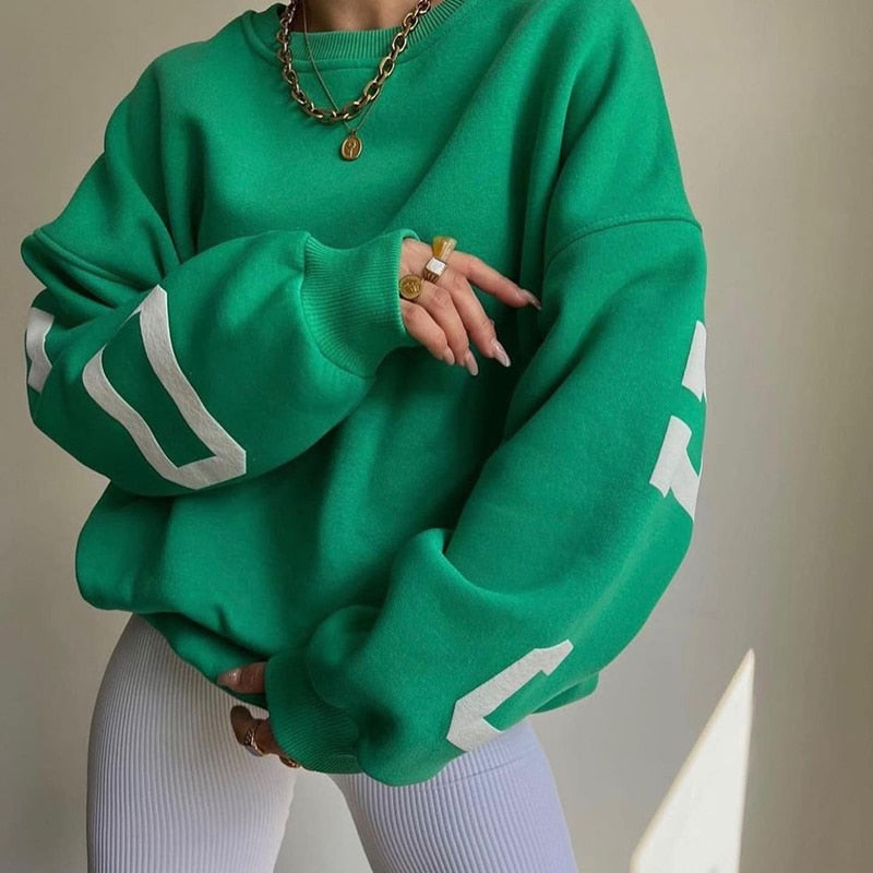 WUYI-Women's Clothing Sweatshirt Letter Printing No Hoodie Thickening Casual Long-sleeved All-match Autumn and Winter Pullover