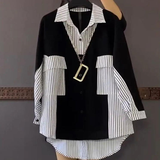 WUYI-Fashion Korean Striped Patchwork Shirt Female Casual Long Sleeve All-match Loose Single-breasted Blouse Women's Clothing 2022