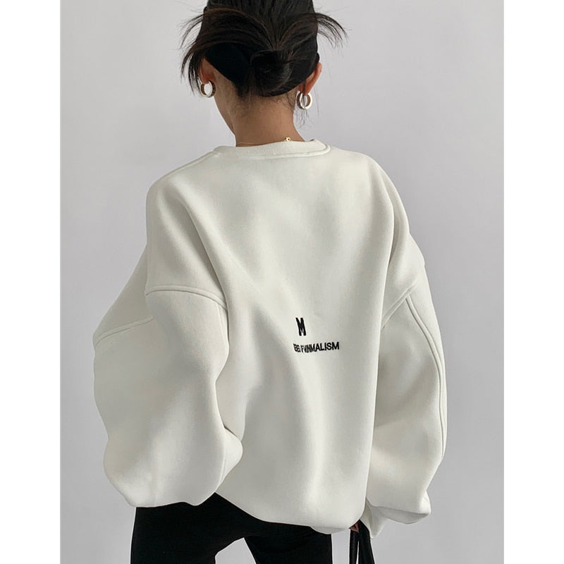 WUYI-Women's Clothing Grey Vintage Pullover Letter Embroidery Long Sleeves Casual Street Hip Hop Oversize Baggy Ladies Tops Autumn