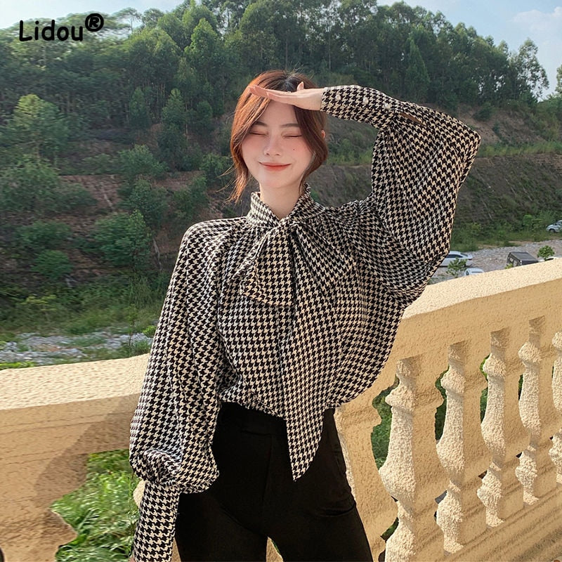 WUYI-Elegant Fashion New Wild Bow Neck Chiffon Women's Clothing Spring Autumn Loose Lantern Sleeve Thin Tops Striped Graceful Blouses