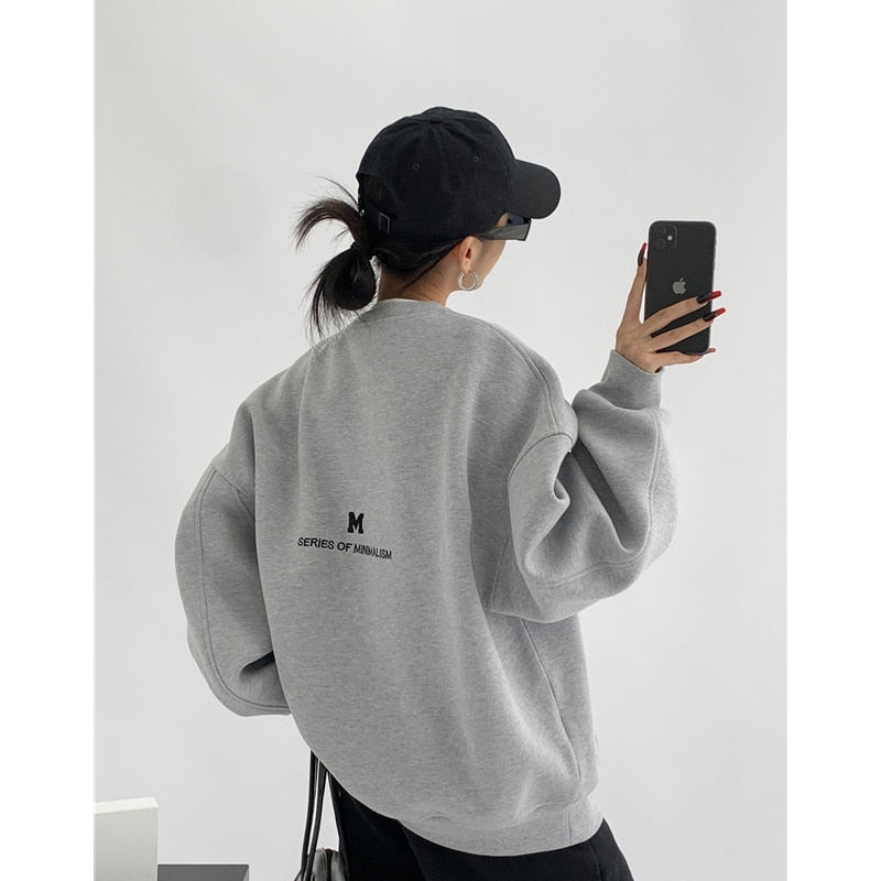 WUYI-Women's Clothing Grey Vintage Pullover Letter Embroidery Long Sleeves Casual Street Hip Hop Oversize Baggy Ladies Tops Autumn