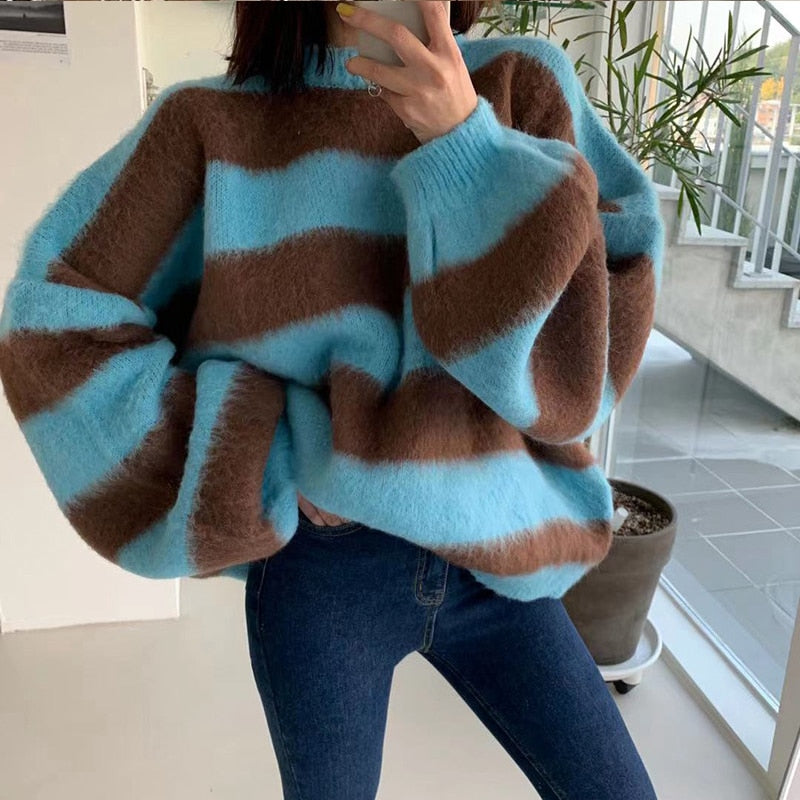 WUYI-Women's Clothing Korean Stripe Knitting Sweater Round Neck  Long Sleeves Vintage Casual Fashion Baggy Ladies Tops Autumn