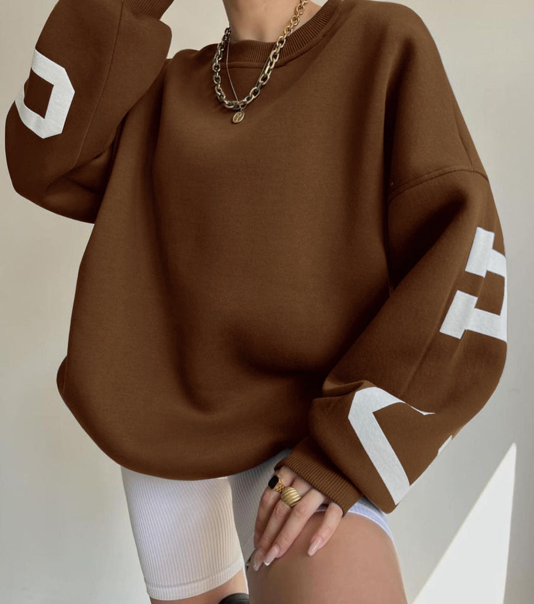 WUYI-Women's Clothing Sweatshirt Letter Printing No Hoodie Thickening Casual Long-sleeved All-match Autumn and Winter Pullover