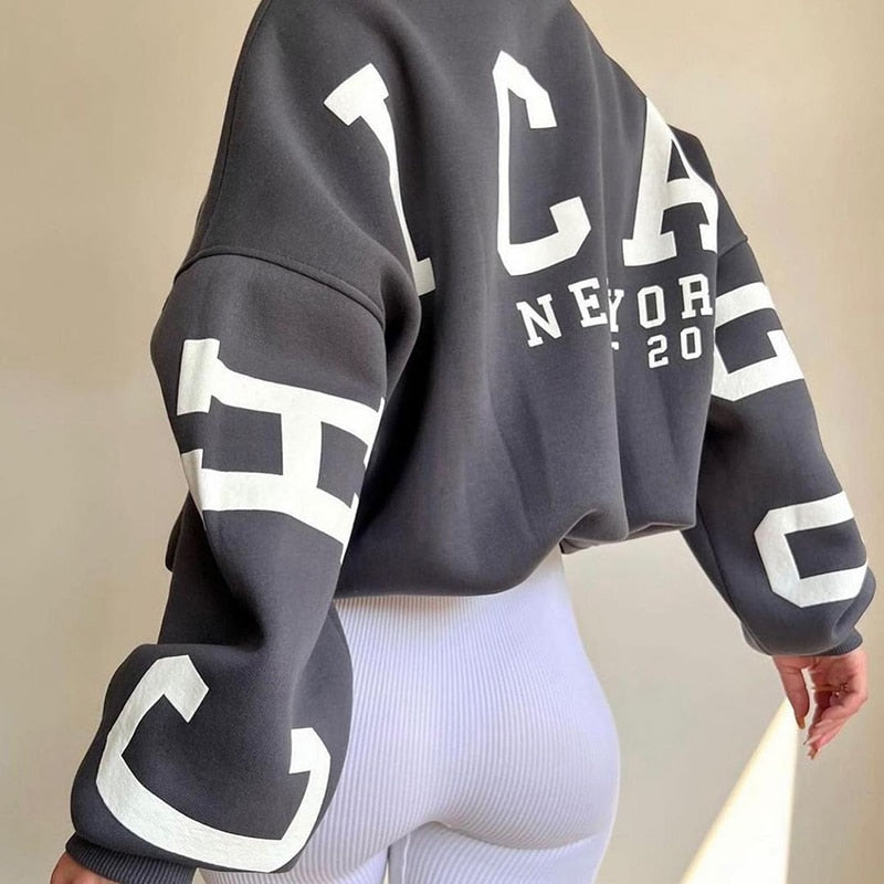 WUYI-Women's Clothing Sweatshirt Letter Printing No Hoodie Thickening Casual Long-sleeved All-match Autumn and Winter Pullover