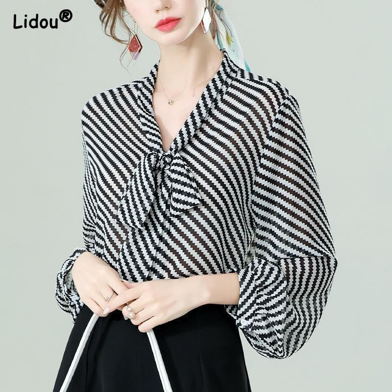 WUYI-Elegant Fashion New Wild Bow Neck Chiffon Women's Clothing Spring Autumn Loose Lantern Sleeve Thin Tops Striped Graceful Blouses