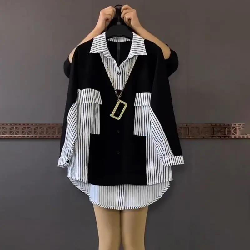 WUYI-Fashion Korean Striped Patchwork Shirt Female Casual Long Sleeve All-match Loose Single-breasted Blouse Women's Clothing 2022