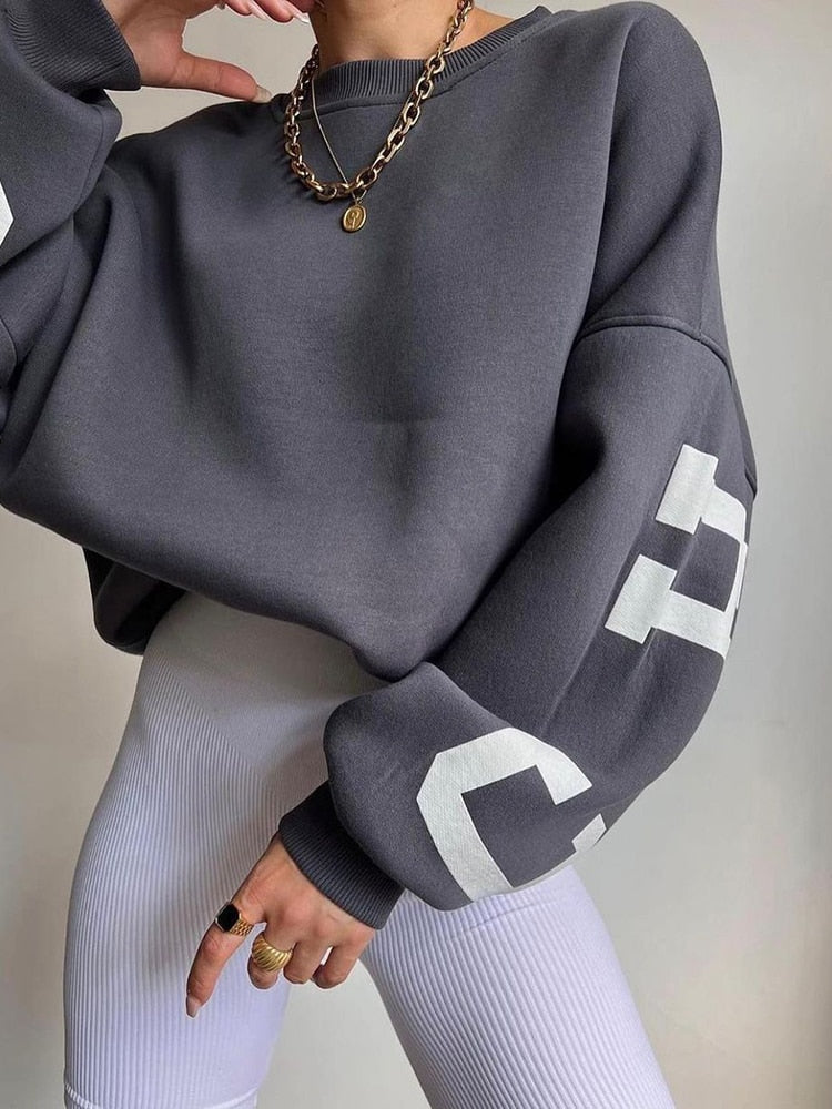 WUYI-Women's Clothing Sweatshirt Letter Printing No Hoodie Thickening Casual Long-sleeved All-match Autumn and Winter Pullover