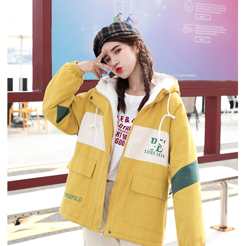 WUYI-Women's Clothing Padded Hooded Lambswool White Outerwea Fashion Zipper Drawstring Splicing Letter Print Winter Warm Jacket