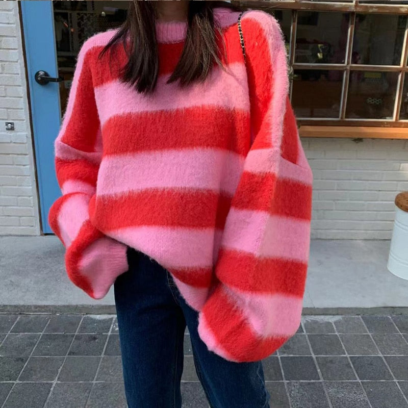 WUYI-Women's Clothing Korean Stripe Knitting Sweater Round Neck  Long Sleeves Vintage Casual Fashion Baggy Ladies Tops Autumn