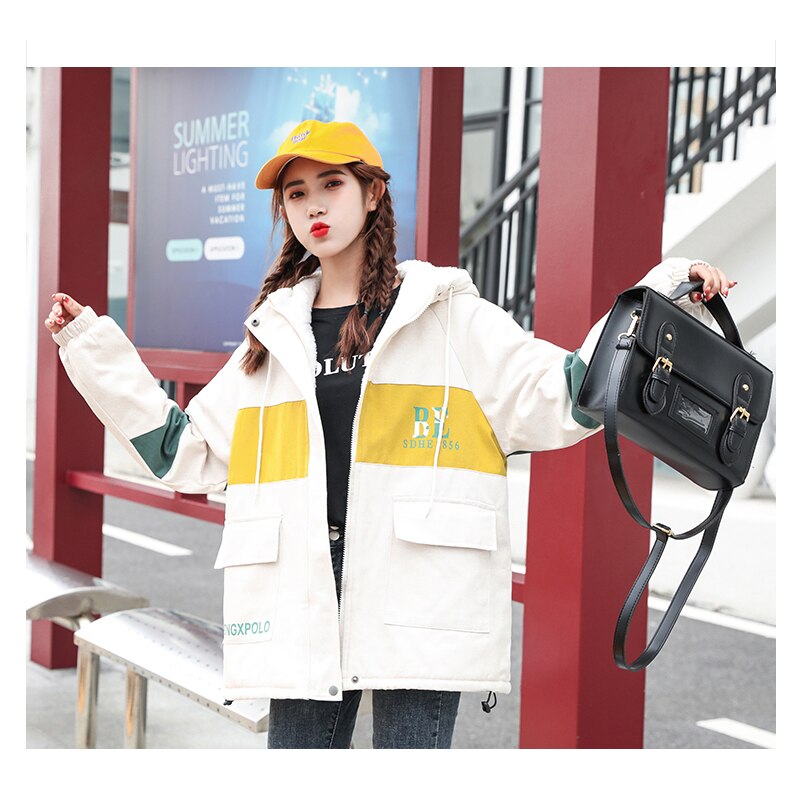 WUYI-Women's Clothing Padded Hooded Lambswool White Outerwea Fashion Zipper Drawstring Splicing Letter Print Winter Warm Jacket