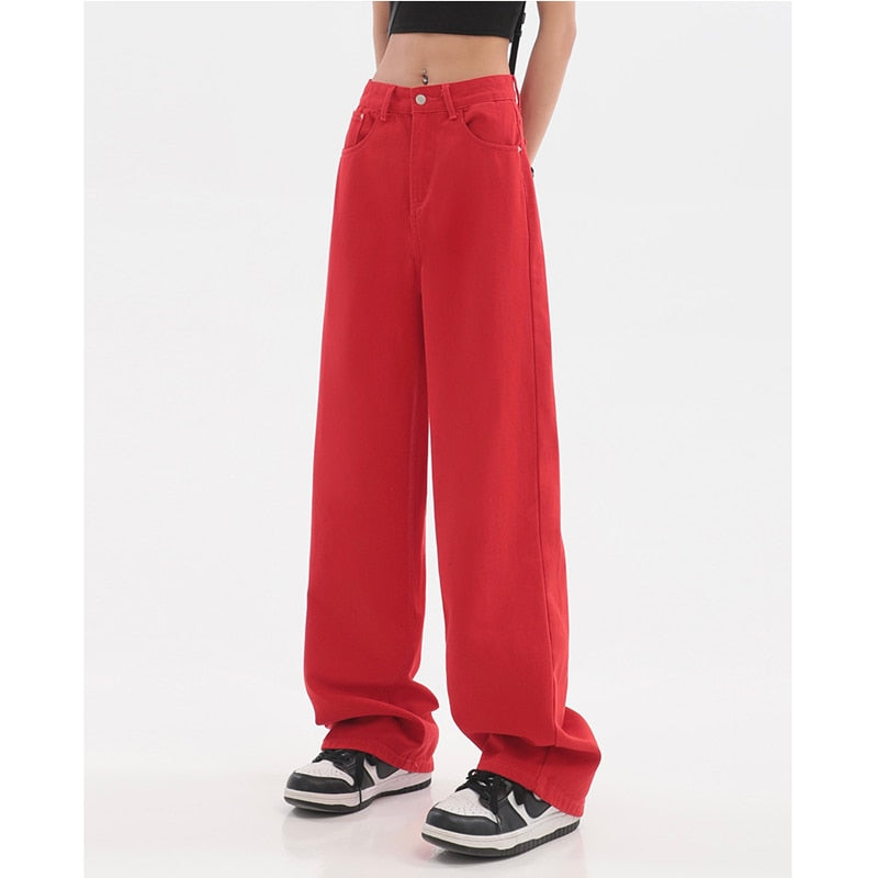 WUYI-Women's Clothing Red Jeans Vintage Casual Straight Self Cultivation Wide Leg Pants High Waist Baggy Denim Trouser Ladies Summer