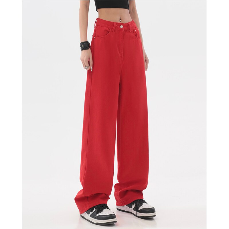 WUYI-Women's Clothing Red Jeans Vintage Casual Straight Self Cultivation Wide Leg Pants High Waist Baggy Denim Trouser Ladies Summer