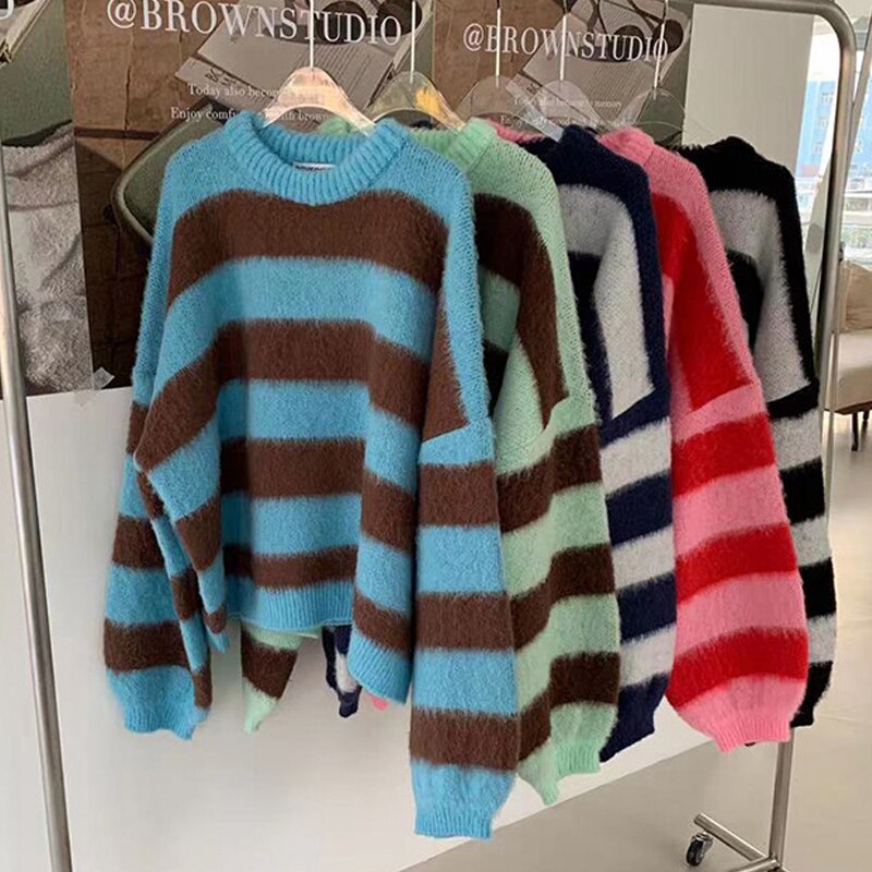 WUYI-Women's Clothing Korean Stripe Knitting Sweater Round Neck  Long Sleeves Vintage Casual Fashion Baggy Ladies Tops Autumn