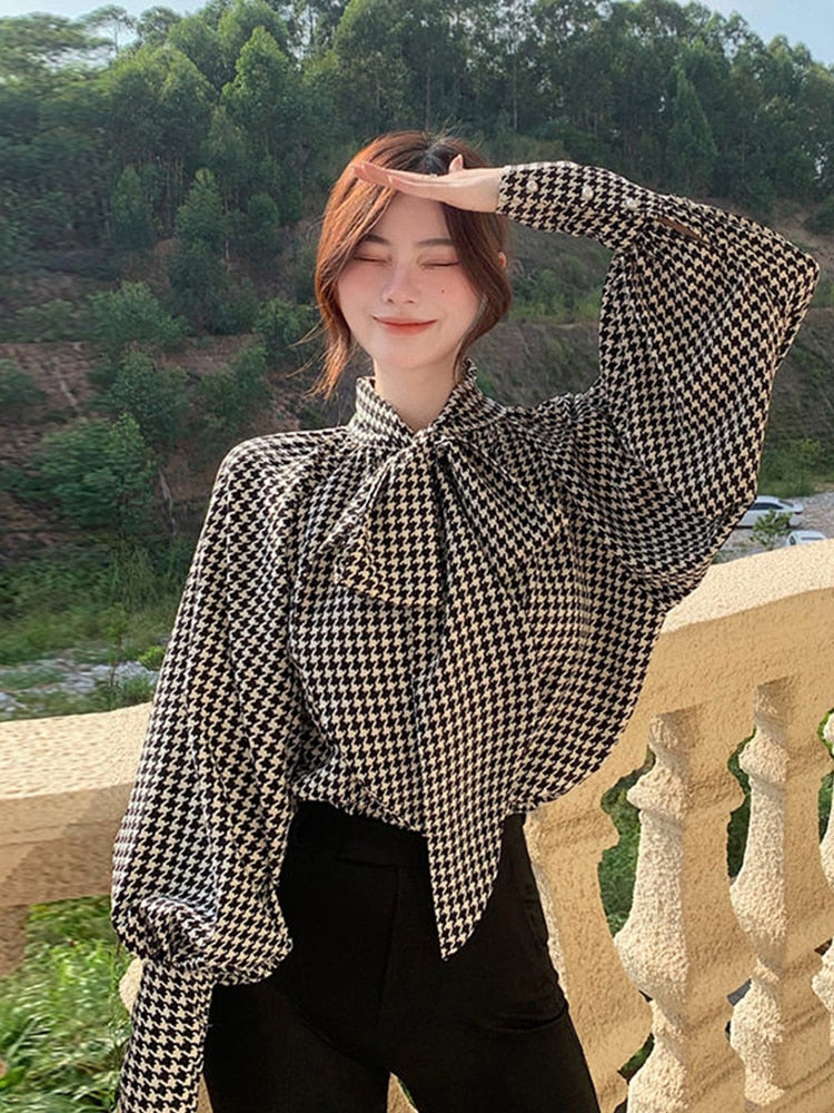 WUYI-Elegant Fashion New Wild Bow Neck Chiffon Women's Clothing Spring Autumn Loose Lantern Sleeve Thin Tops Striped Graceful Blouses