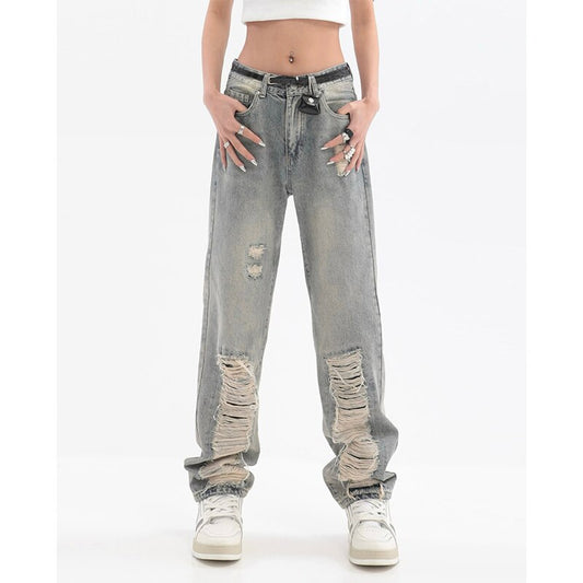 WUYI-Women's Clothing Straight Jeans Street Ripped High Waist Vintage Washed Wide Leg Pants Casual Baggy Ladies Denim Trouser Summer