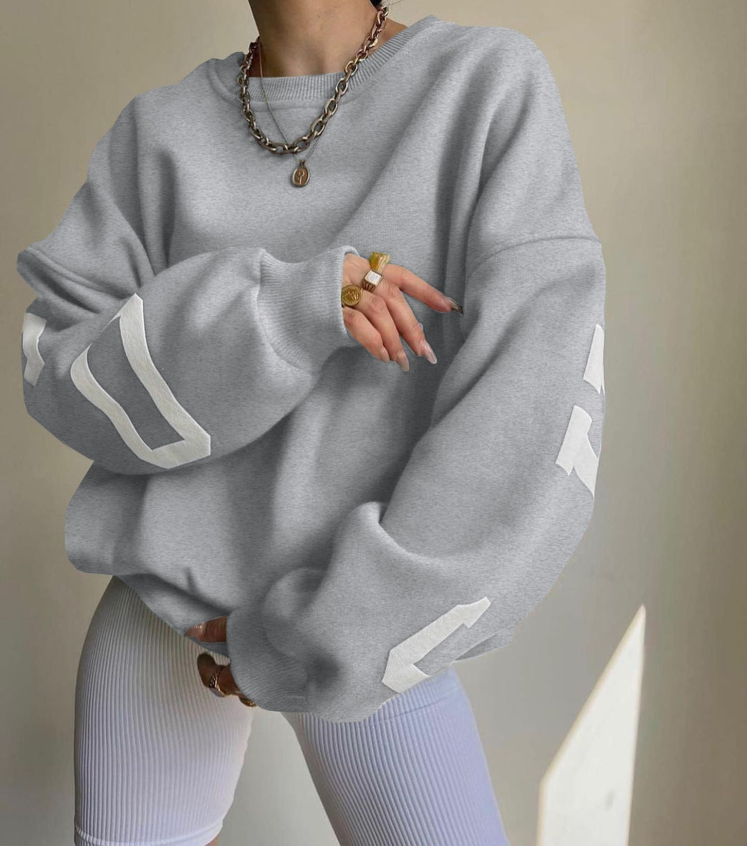 WUYI-Women's Clothing Sweatshirt Letter Printing No Hoodie Thickening Casual Long-sleeved All-match Autumn and Winter Pullover