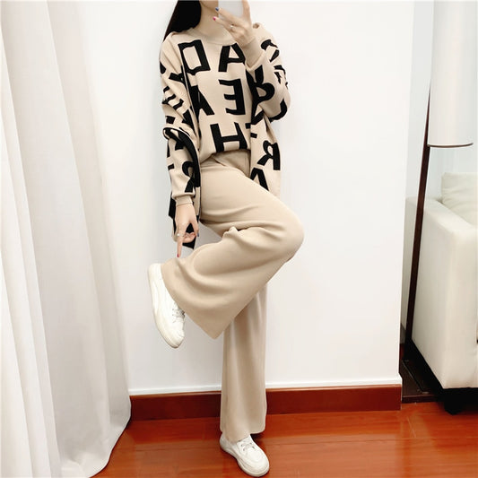 WUYI-women's Clothing Autumn Winter Women Knited Letter Sweater + Pants + Cape Scarf 3PCS Suits Cappa Wraps Wide Leg Trousers Sets