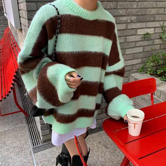 WUYI-Women's Clothing Korean Stripe Knitting Sweater Round Neck  Long Sleeves Vintage Casual Fashion Baggy Ladies Tops Autumn