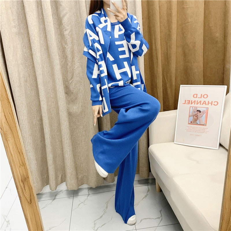 WUYI-women's Clothing Autumn Winter Women Knited Letter Sweater + Pants + Cape Scarf 3PCS Suits Cappa Wraps Wide Leg Trousers Sets