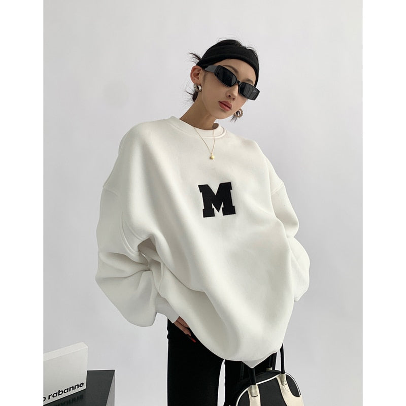 WUYI-Women's Clothing Grey Vintage Pullover Letter Embroidery Long Sleeves Casual Street Hip Hop Oversize Baggy Ladies Tops Autumn