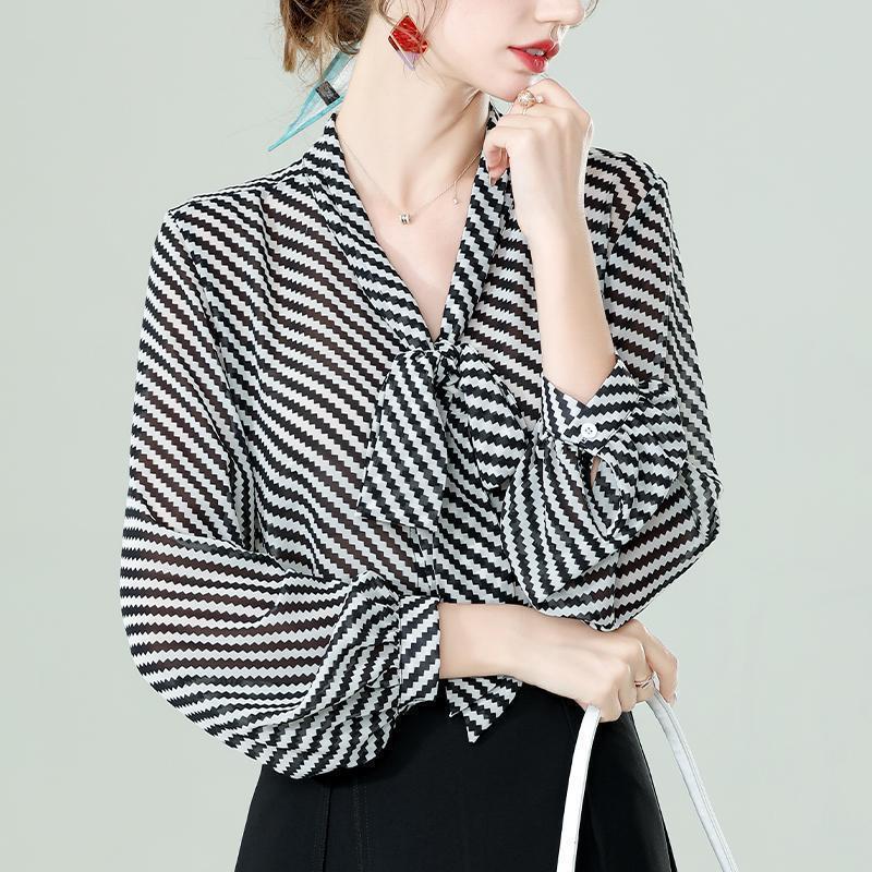 WUYI-Elegant Fashion New Wild Bow Neck Chiffon Women's Clothing Spring Autumn Loose Lantern Sleeve Thin Tops Striped Graceful Blouses