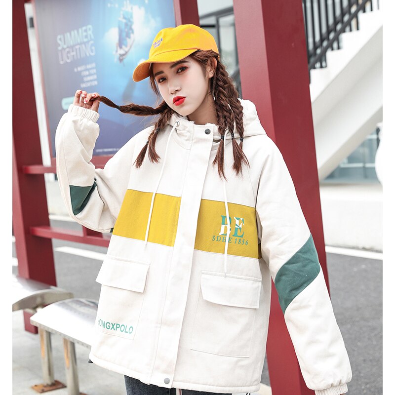 WUYI-Women's Clothing Padded Hooded Lambswool White Outerwea Fashion Zipper Drawstring Splicing Letter Print Winter Warm Jacket