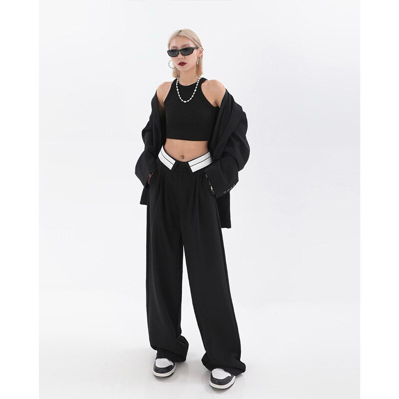 WUYI-Women's Clothing Black Suit Pants Straight Casual Fashion High Waist Baggy Wide Leg Pants Self Cultivation Trouser Ladies Summer