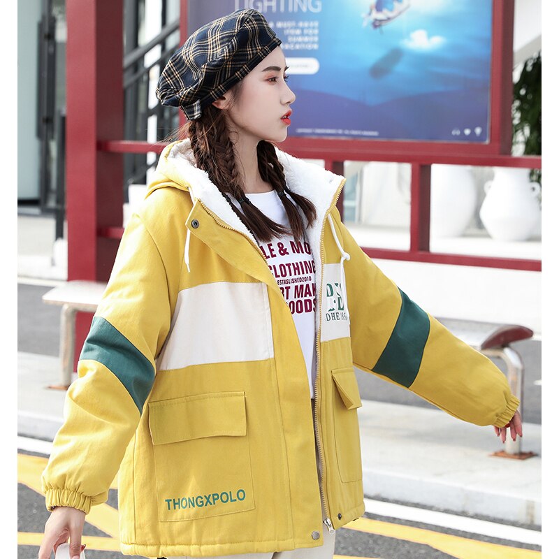 WUYI-Women's Clothing Padded Hooded Lambswool White Outerwea Fashion Zipper Drawstring Splicing Letter Print Winter Warm Jacket