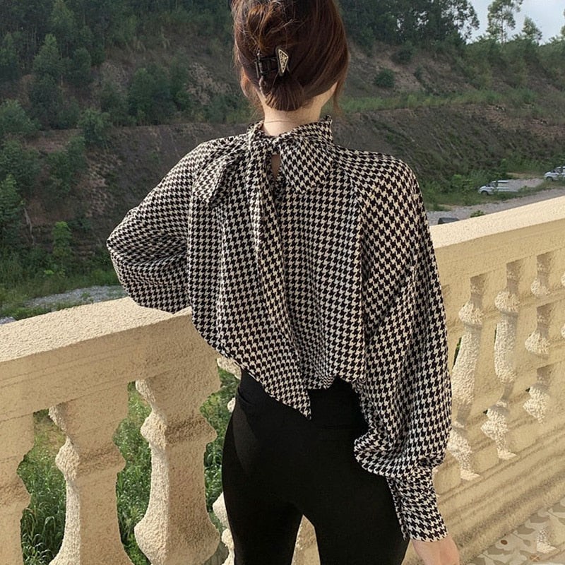 WUYI-Elegant Fashion New Wild Bow Neck Chiffon Women's Clothing Spring Autumn Loose Lantern Sleeve Thin Tops Striped Graceful Blouses