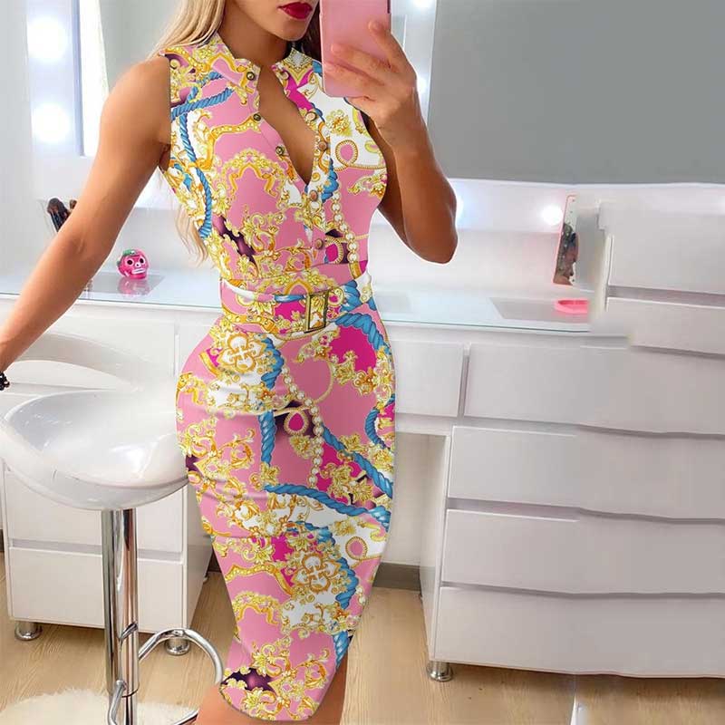 WUYI-2022 Fashion Women's Clothing Summer Elegant Round Neck Button Sleeveless Belt Casual Midi Dress Mid Waist Slim A-line Skirt