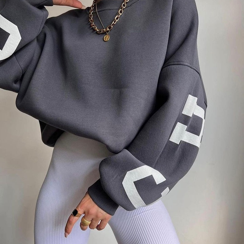 WUYI-Women's Clothing Sweatshirt Letter Printing No Hoodie Thickening Casual Long-sleeved All-match Autumn and Winter Pullover