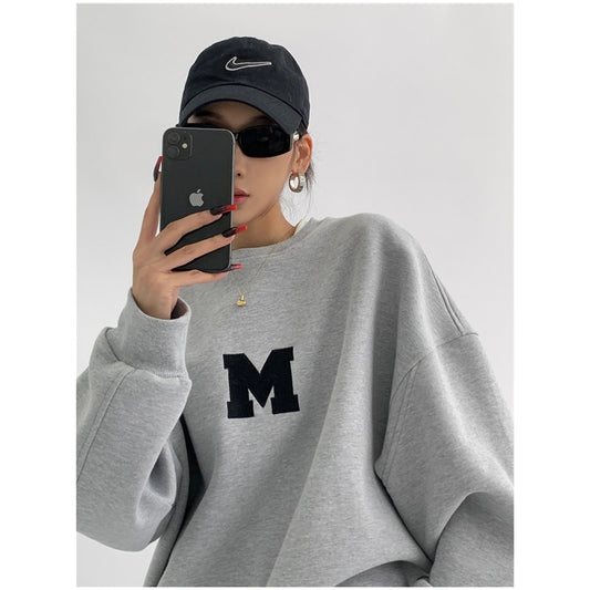 WUYI-Women's Clothing Grey Vintage Pullover Letter Embroidery Long Sleeves Casual Street Hip Hop Oversize Baggy Ladies Tops Autumn