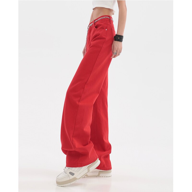 WUYI-Women's Clothing Red Jeans Vintage Casual Straight Self Cultivation Wide Leg Pants High Waist Baggy Denim Trouser Ladies Summer