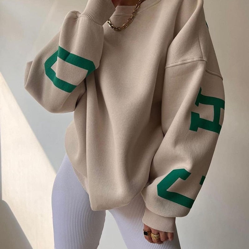 WUYI-Women's Clothing Sweatshirt Letter Printing No Hoodie Thickening Casual Long-sleeved All-match Autumn and Winter Pullover